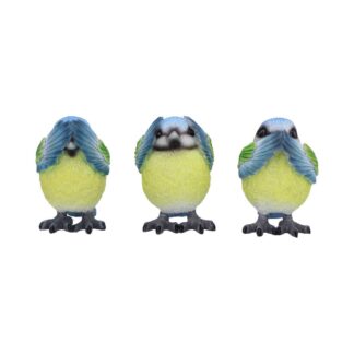 Three Wise Blue Tit Figurines in See no, Hear no, Speak no evil poses 8cm