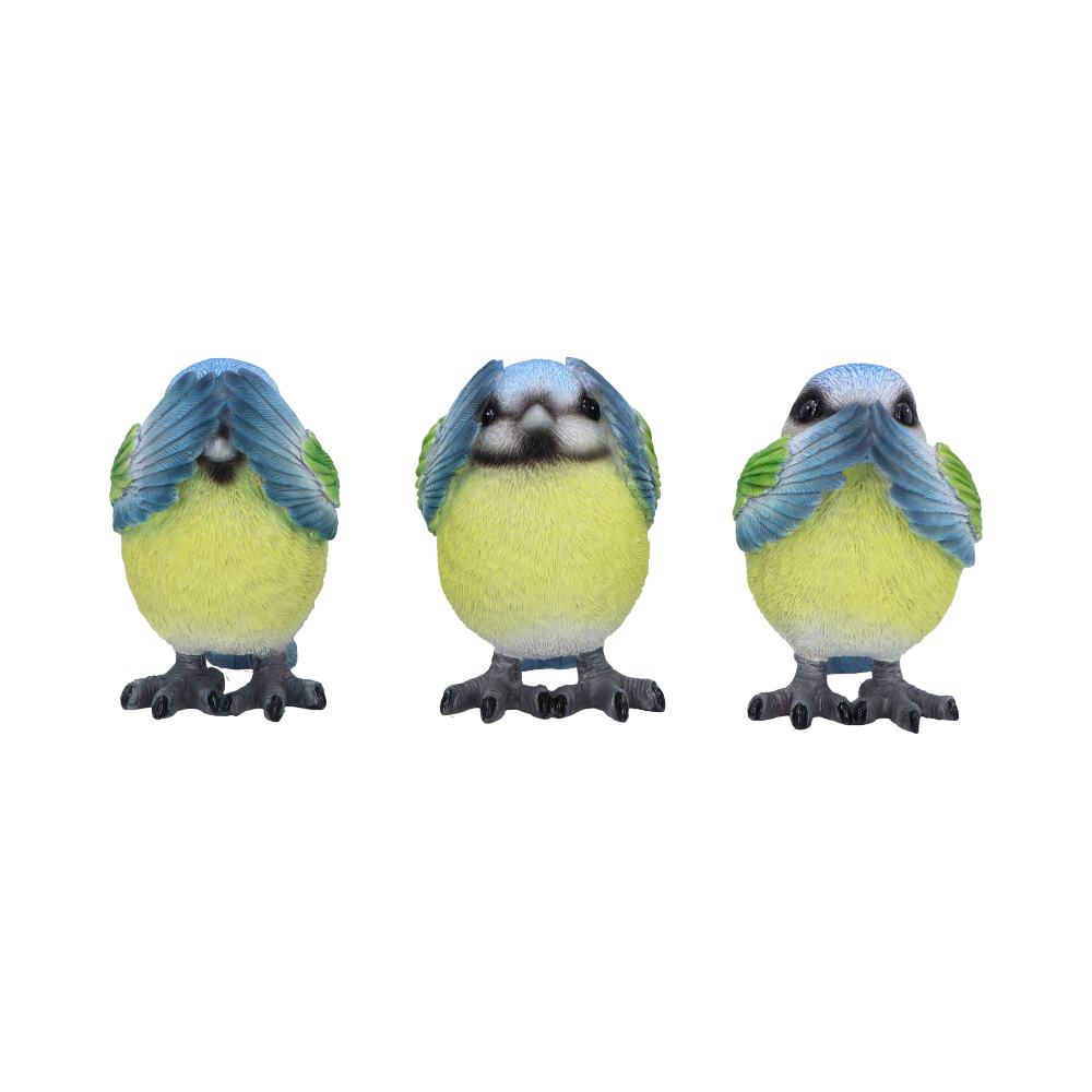 Three Wise Blue Tit Figurines in See no, Hear no, Speak no evil poses 8cm