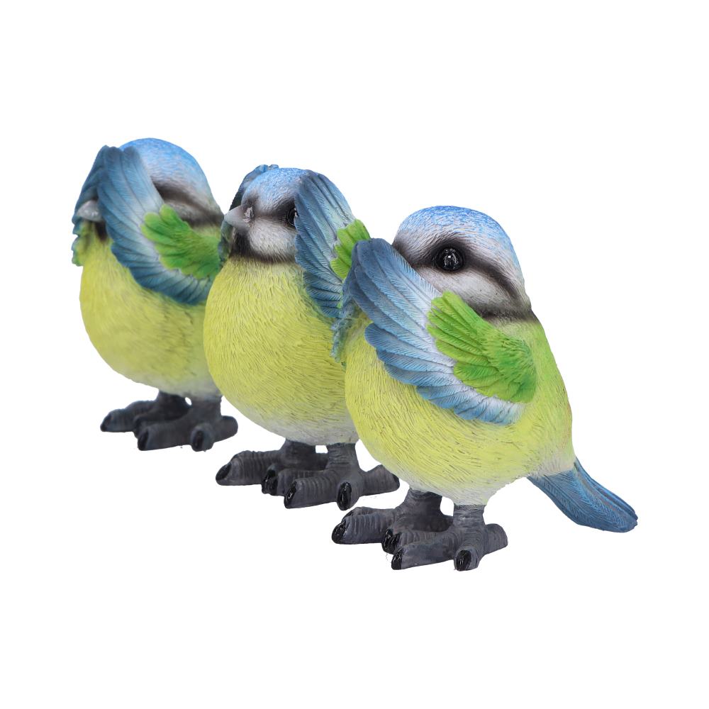 Three Wise Blue Tit Figurines in See no, Hear no, Speak no evil poses 8cm