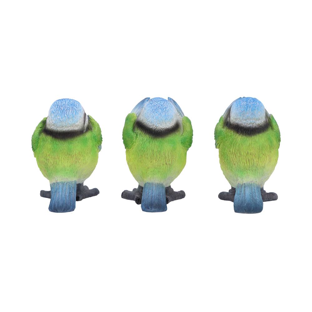 Three Wise Blue Tit Figurines in See no, Hear no, Speak no evil poses 8cm