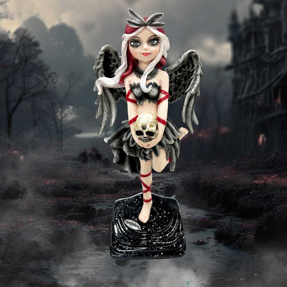 Shadow Fae Fairy Figurine with Feathered Skirt and Skull Accessory 20cm