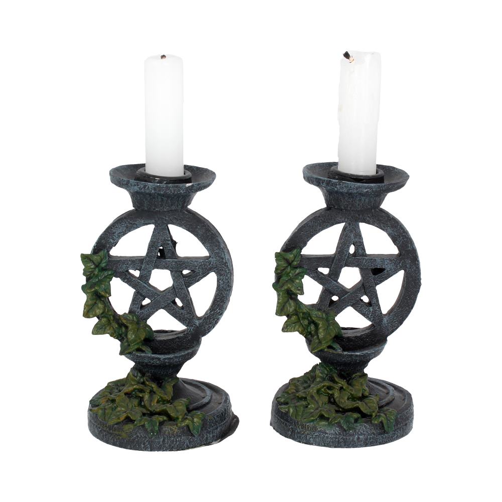 Pair of Aged Ivy Pentagram Candlesticks Gothic Candle Holders 13.4cm