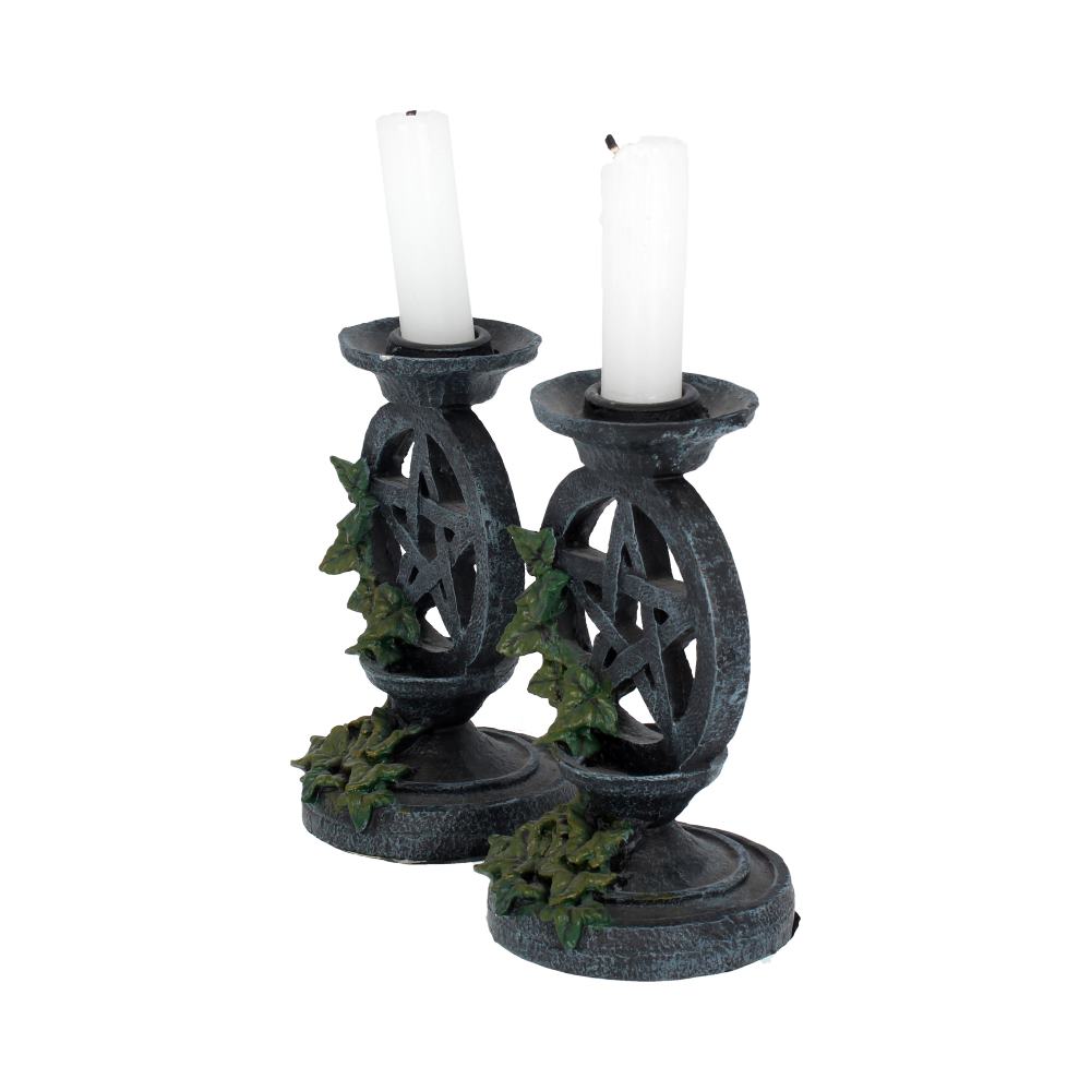 Pair of Aged Ivy Pentagram Candlesticks Gothic Candle Holders 13.4cm