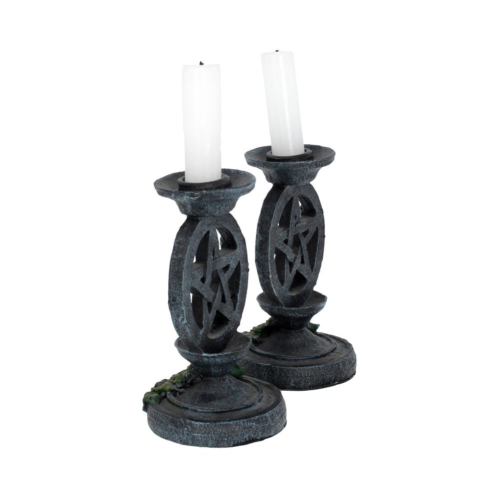 Pair of Aged Ivy Pentagram Candlesticks Gothic Candle Holders 13.4cm