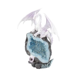 Glacial Custodian Fantasy White Dragon Sitting On A Geode 22cm