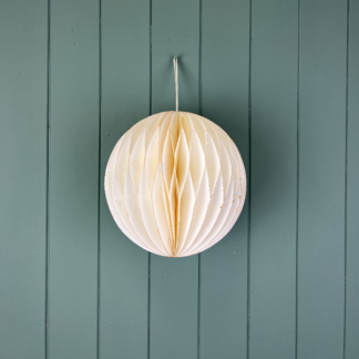 Hanging Handmade Antique White Circular Bauble Paper Decoration - Flat Packed