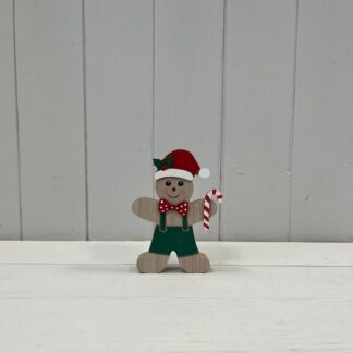 Wooden Gingerbread Kid with Candy Cane and Green Dungarees