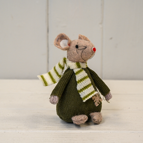 Fabric Mouse with Green Jumper and Stripey Scarf