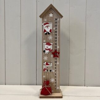Wooden House Advent Calendar with Red Santa and Snowman