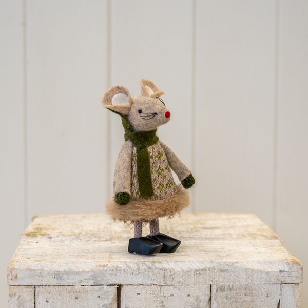 Fabric Standing Girl Mouse in Cloggs Green and Brown