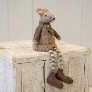 Fabric Sitting Mouse In Winter Outfit in Brown