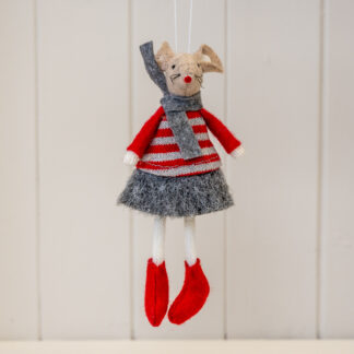 Fabric Hanging Girl Mouse in Red and Grey Stripey Outfit
