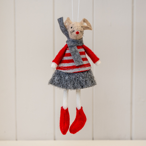 Fabric Hanging Girl Mouse in Red and Grey Stripey Outfit