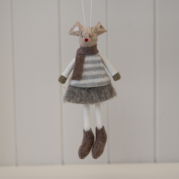 Fabric Hanging Girl Mouse in Brown and Grey Stripey Outfit