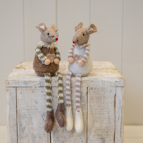 Fabric Sitting Mouse with Heart Detail Brown