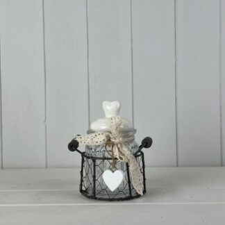 Glass Container with Heart Lid and Wooden Heart Deco in Wire Basket