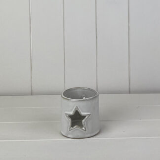 Glazed Ceramic Tealight Holder with Star Cut Out with Textured Detail