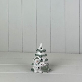 Green/White Ceramic Tree with Snowman and Reindeer Decoration with LED