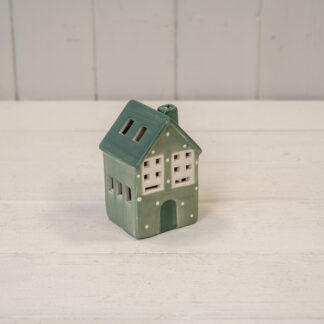 Green Ceramic LED House with Snowball Detail. 6 Hour Timer