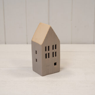 Small Taupe Ribbed Ceramic LED House with Sand Roof. 6 Hour Timer