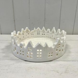White Glazed Ceramic Candle Tray with Silhouette Houses Design
