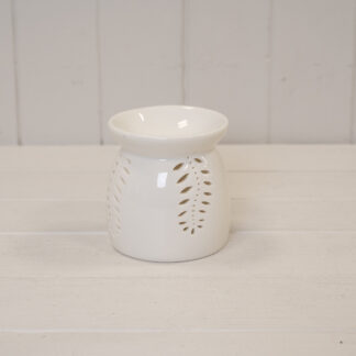 Medium White Ceramic Glazed Oil Burner with Leaf Detail