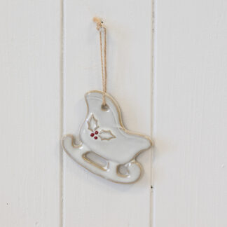 Ceramic Natural Hanging Sleigh with Holly Detail
