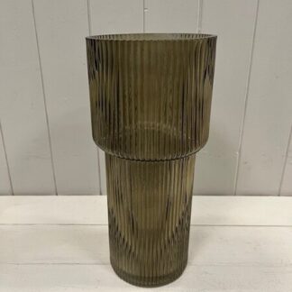 Olive Green Tall Glass Ribbed Vase