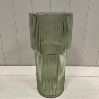 Vintage green Tall Glass Ribbed Vase
