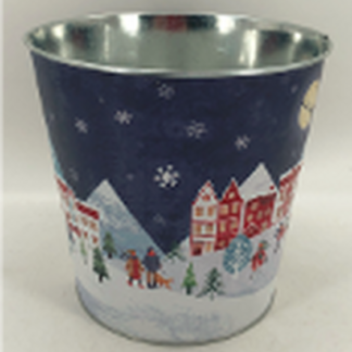 Large Blue Christmas Village Scene Pot