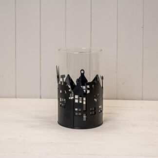 Large Black Metal House Scene Candle Holder with Glass Insert