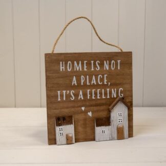 Wooden Home Sign 'Home is Not a Place it's a Feeling' with hearts and stand out Houses