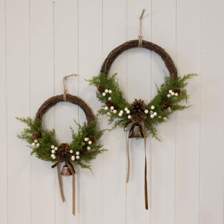 Twig Wreath With white Berry, Pinecones with Bells and Bow Detail Large