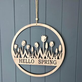 Round WoodenHello Spring" Wreath"