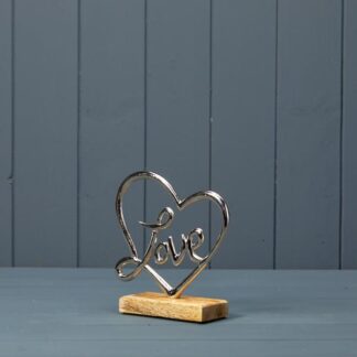 Silver Heart with Love on Wooden Base
