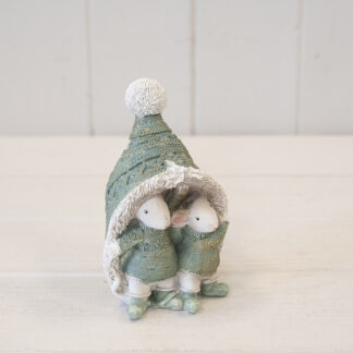 Resin Christmas Mice Hiding in Hat White and Sage Green