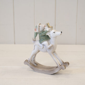 Resin Christmas Mouse on Rocking Horse White and Sage Green