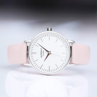 Ladies Architēct Blanc Silver Bezel - Handwriting Engraving + Light Pink Strap