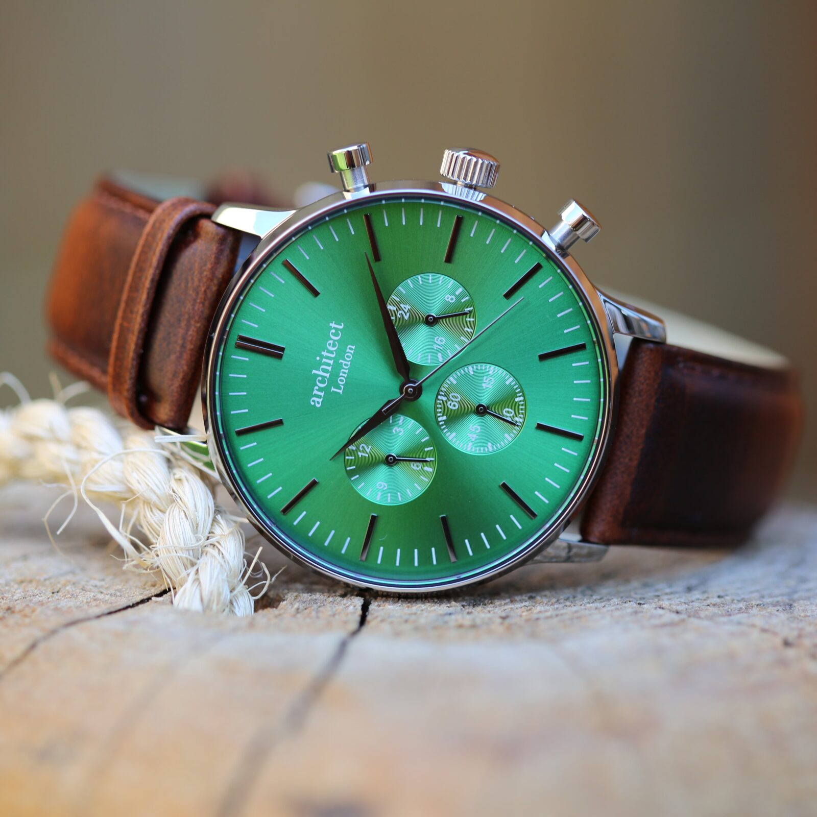 Men's Architect Motivator In Envy Green With Walnut Strap - Modern Font Engraving