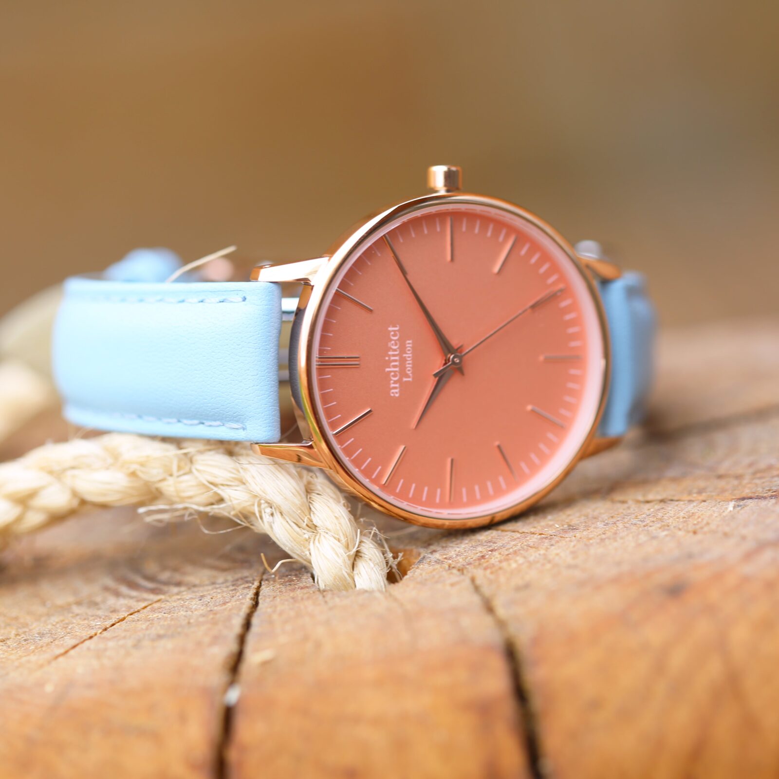 Ladies Architēct Coral - Modern Font Engraving + Light Blue Strap