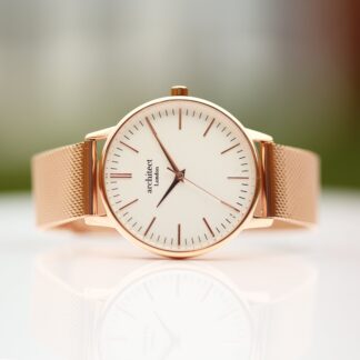 Ladies Architēct Blanc - Modern Font Engraving + Rose Gold Mesh Strap
