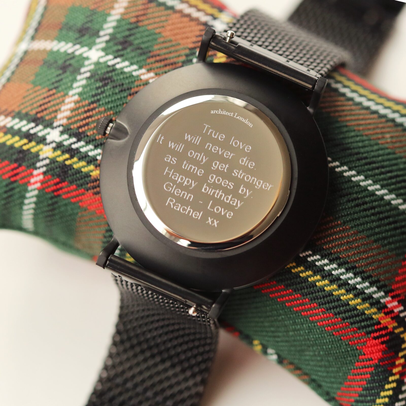 Modern Font Engraving - Men's Minimalist Watch + Pitch Black Mesh Strap