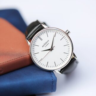 Ladies Architēct Blanc Silver Bezel - Modern Font Engraving + Black Strap