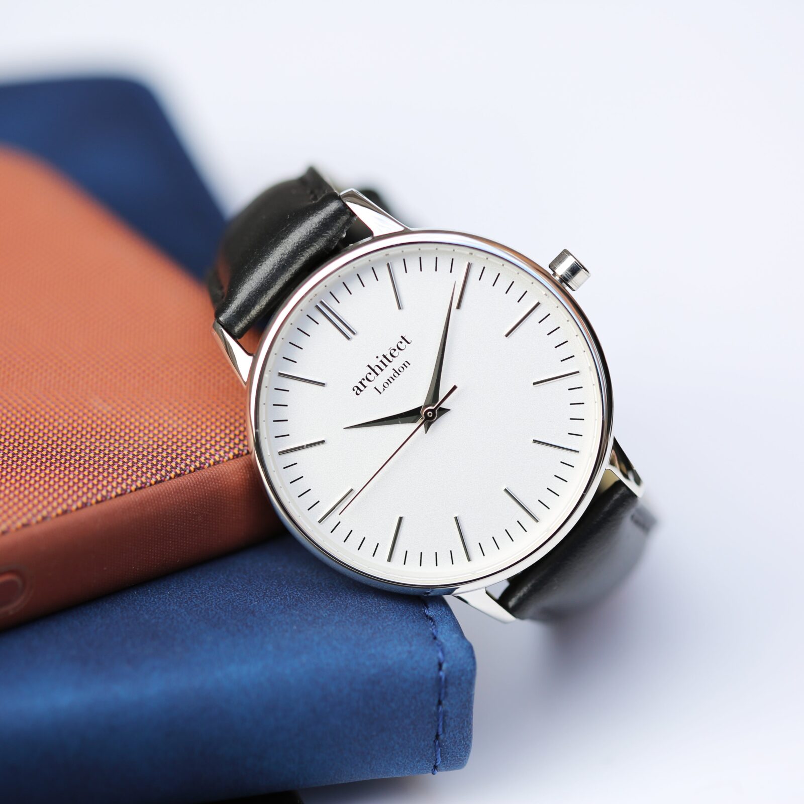 Ladies Architēct Blanc Silver Bezel - Modern Font Engraving + Black Strap