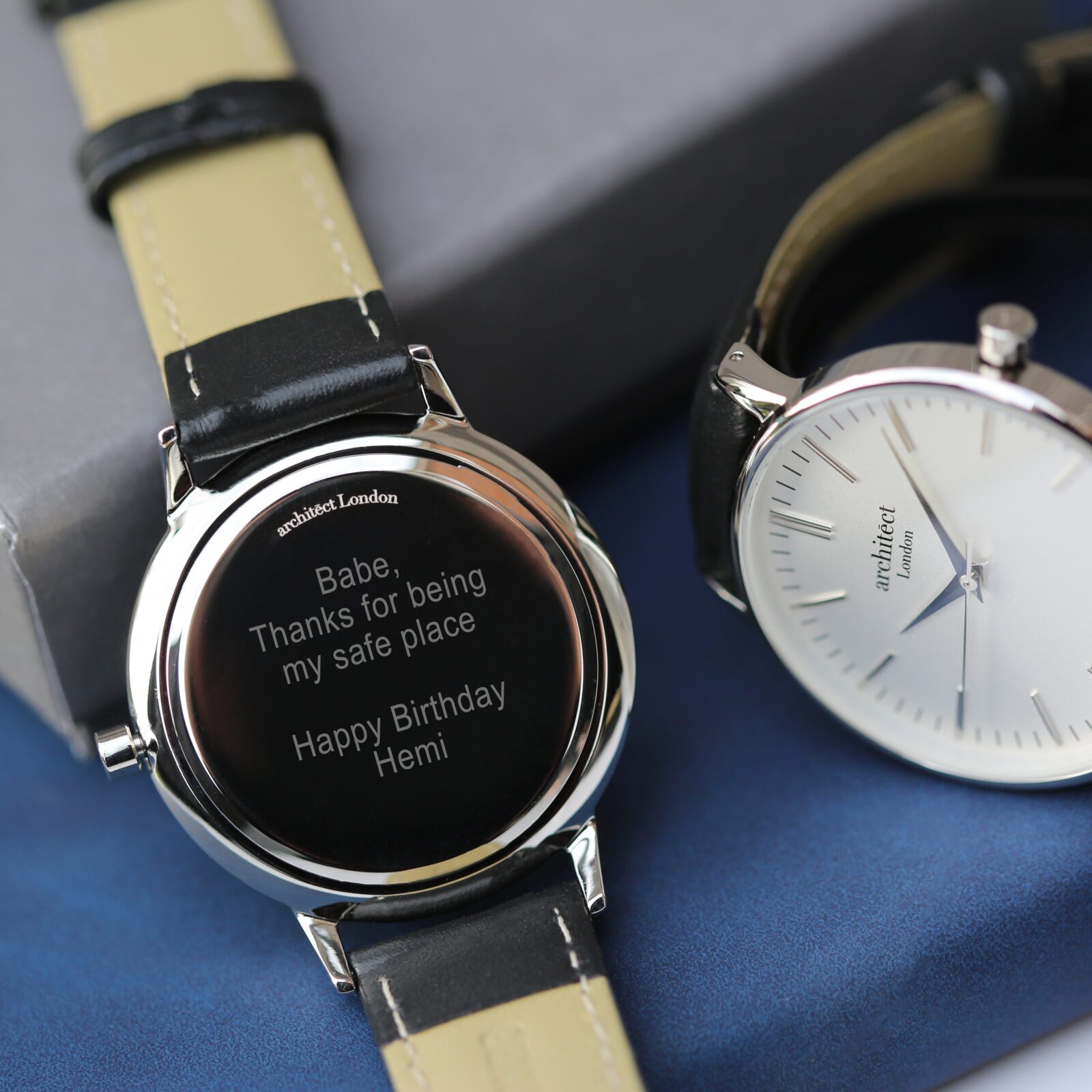 Ladies Architēct Blanc Silver Bezel - Modern Font Engraving + Black Strap