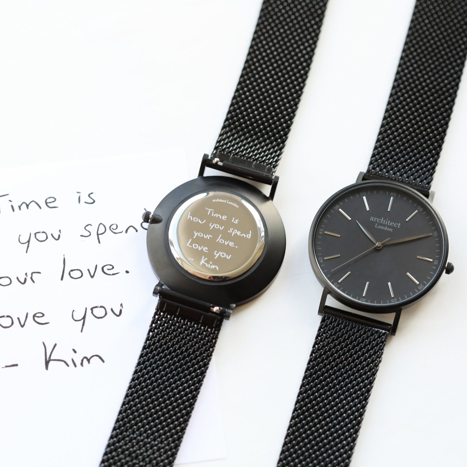 Handwriting Engraving - Men's Minimalist Watch + Pitch Black Mesh Strap