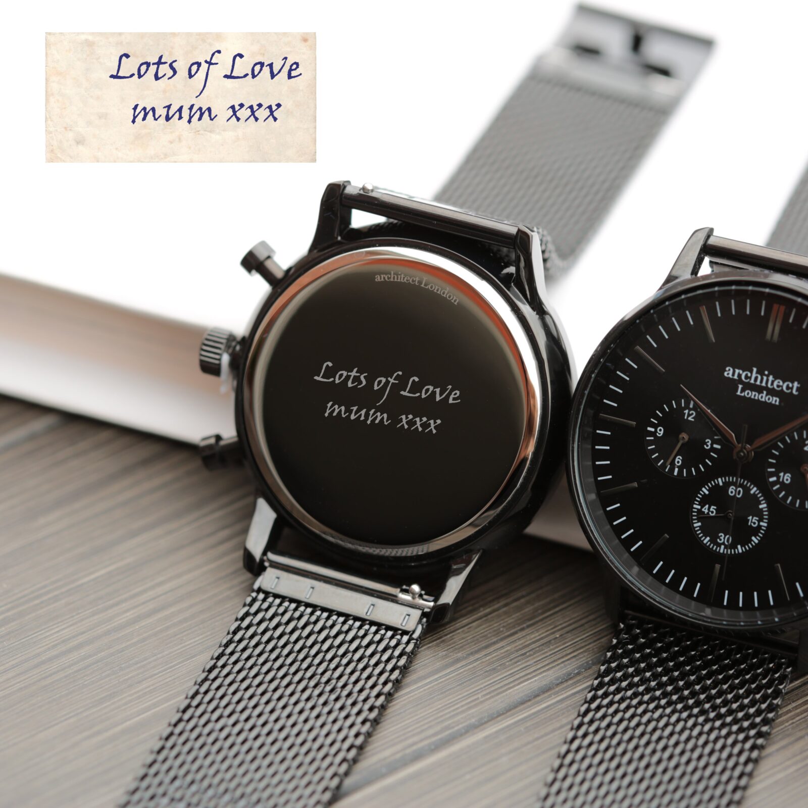 Handwriting Engraving - Men's Architect Motivator Black Face Black Mesh Strap