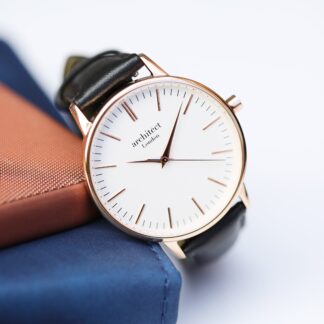 Personalised Ladies Rose Gold Watch with Black Leather Strap