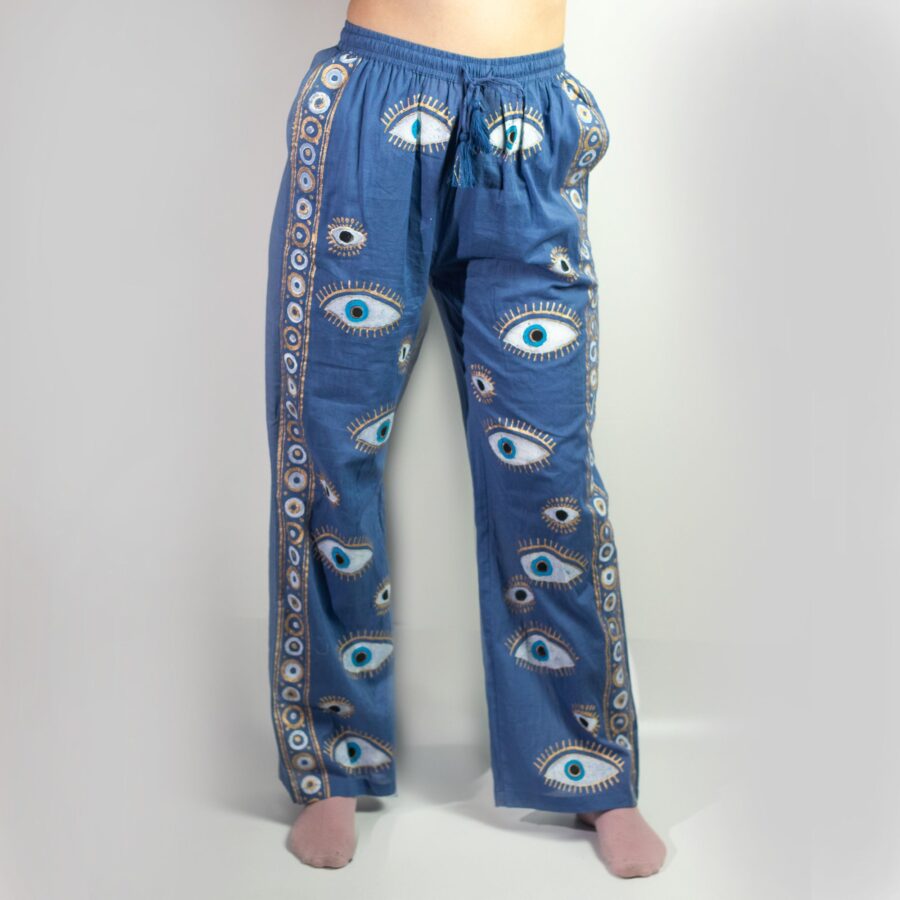 Nomad Sari Lounge Pants (L/XL) – Rich Blue with Hand-Painted Gold Evil Eye Design